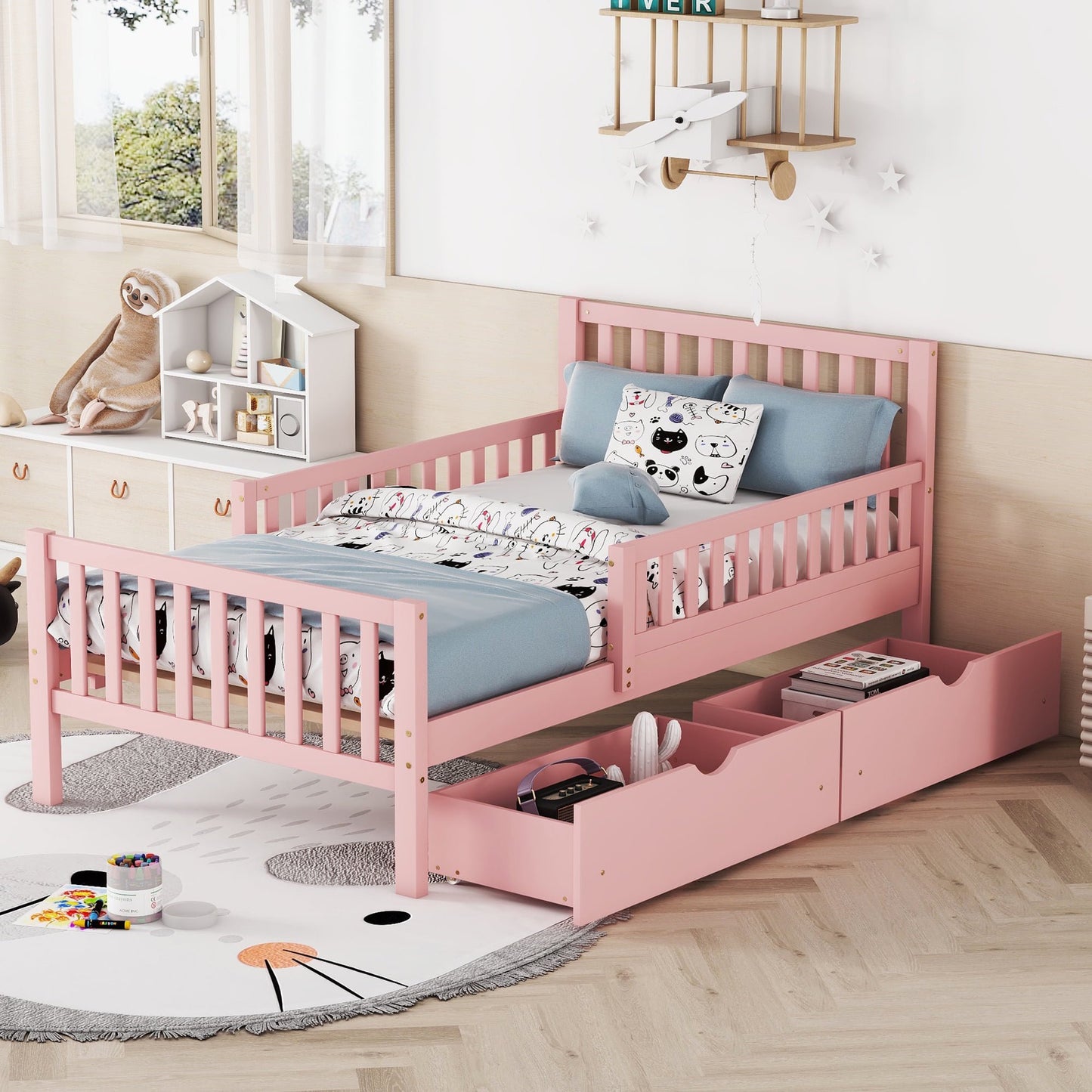 Twin Size Wood Platform Bed with Guardrails & 2 Storage Drawers, Space-Saving Kids/Teens Bed, Sturdy Pinewood Frame