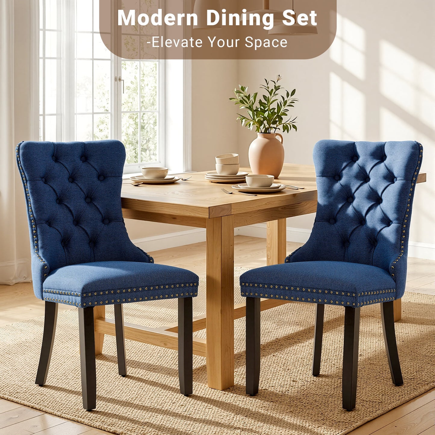 Upholstered Dining Chairs Set of 2, Segmart Modern Fabric Dining Room Chair with Nailhead Trim and Wood Legs, Mid-Century Accent for Living Room, Kitchen, Gray