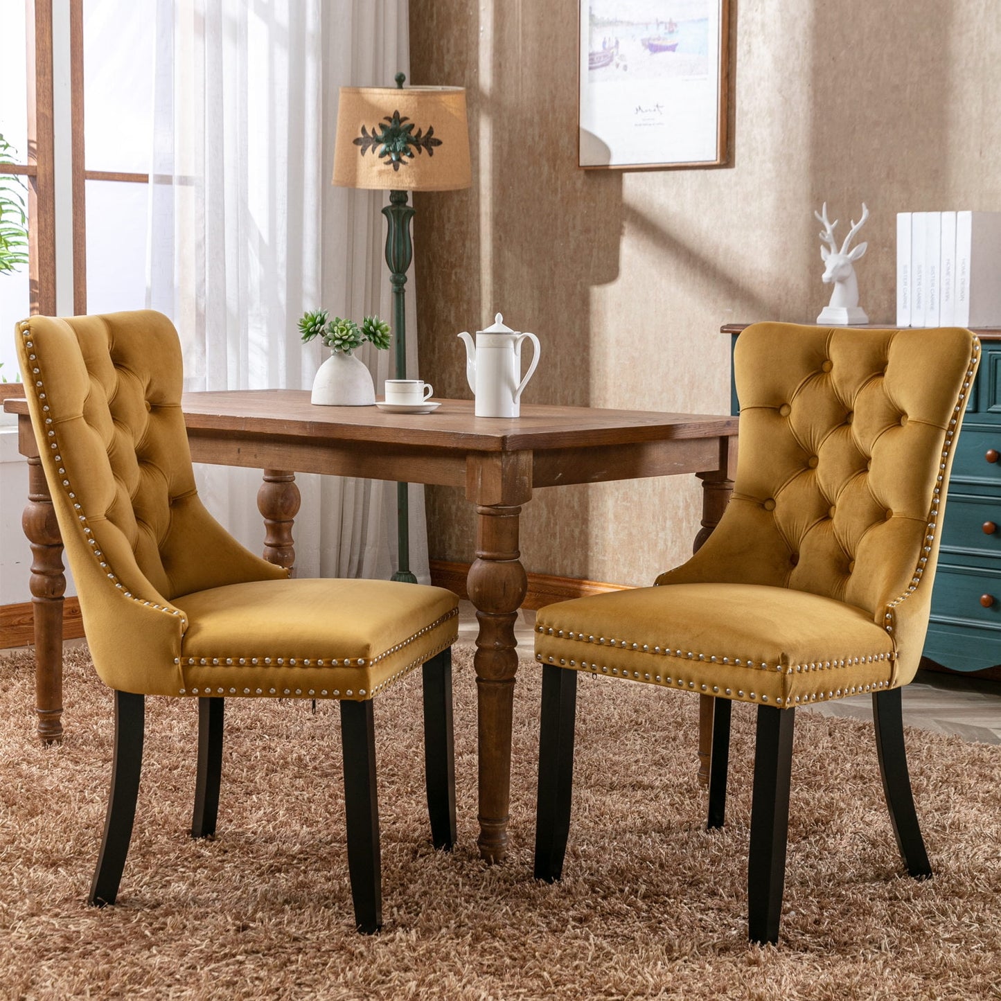 Modern Velvet Upholstered Dining Chairs, High-Back Tufted Design with Solid Wood Legs and Nailhead Trim, Light Blue - 2-Piece Set