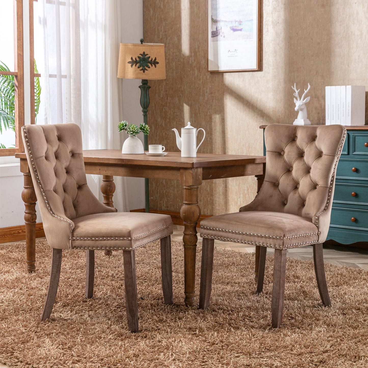 Modern Velvet Upholstered Dining Chairs, High-Back Tufted Design with Solid Wood Legs and Nailhead Trim, Light Blue - 2-Piece Set