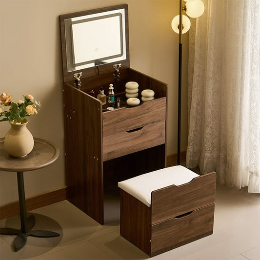 3-in-1 Vanity Desk with Mirror And Lights, Small Vanity Dresser Set with Visible Glass Tabletop, 3 Drawers, Storage Bench, 3-color Lighting Mirror, Suitable for Bedroom,Walnut