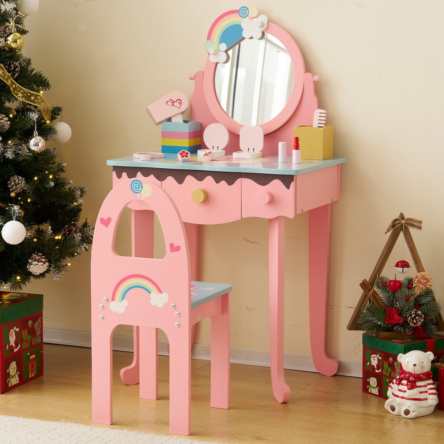 Princess Vanity Table with LED Lights & Stool, 5-Drawer Makeup Dresser Table, Pretend Play Dressing Desk for Girls