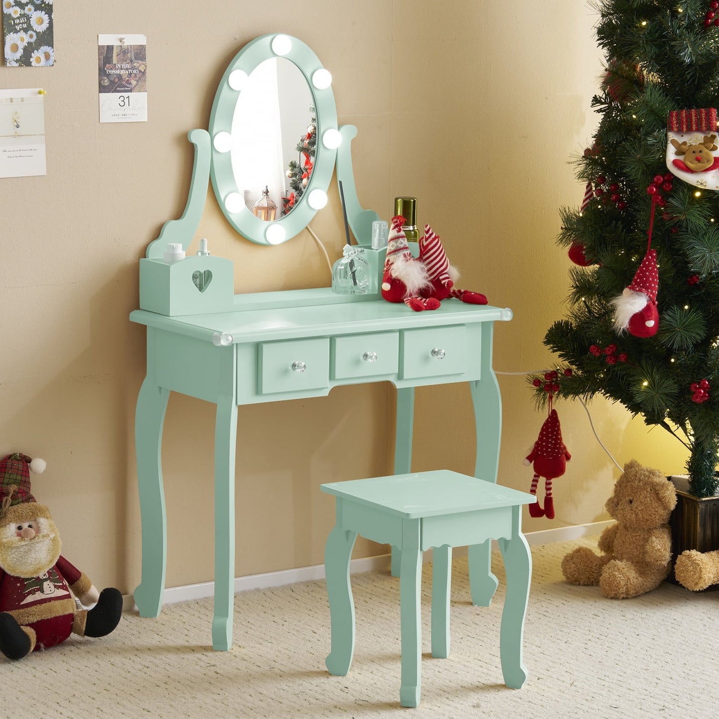 Princess Vanity Table with LED Lights & Stool, 5-Drawer Makeup Dresser Table, Pretend Play Dressing Desk for Girls