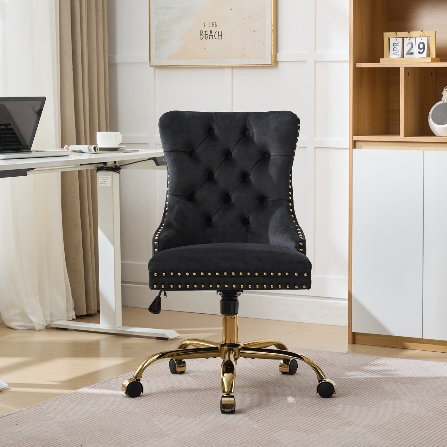 Furniture Modern Velvet Office Chair with Golden Metal Base,Tufted Button Back, Adjustable Swivel Desk Chair for Home Office, Study