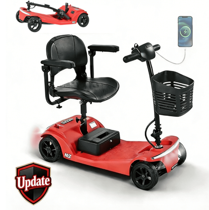 4-Wheel Foldable Mobility Scooter for Seniors, Portable Electric Power Scooter with Stable Anti-Tip Wheels, Rear Brake Light, USB charging port,Supports 330 lbs,Travel Scooter,Red
