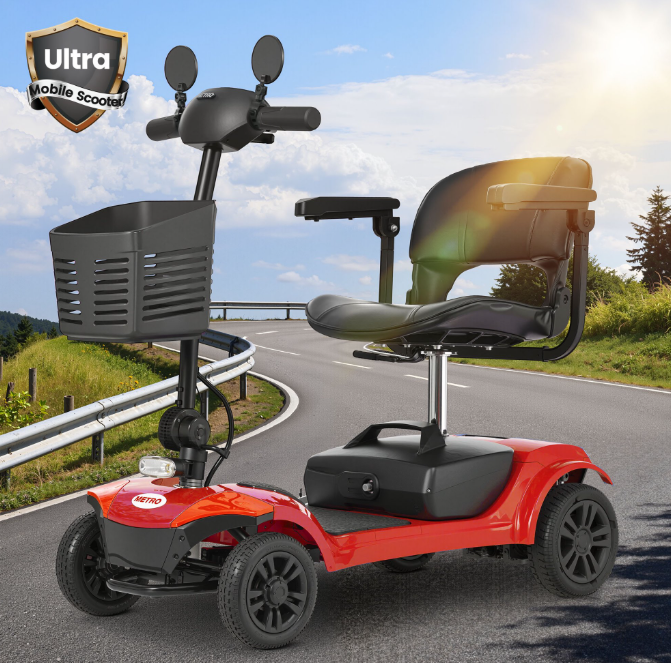 Segmart 4-Wheel Mobility Scooter for Seniors and Adults, Detachable Electric Scooter with Shock Absorption, 9-Inch Rear Wheels, 360° Swivel Seat, Electromagnetic Brake and LED Lights, Red