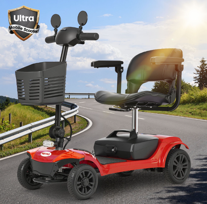 Segmart 4-Wheel Mobility Scooter for Seniors and Adults, Detachable Electric Scooter with Shock Absorption, 9-Inch Rear Wheels, 360° Swivel Seat, Electromagnetic Brake and LED Lights, Red