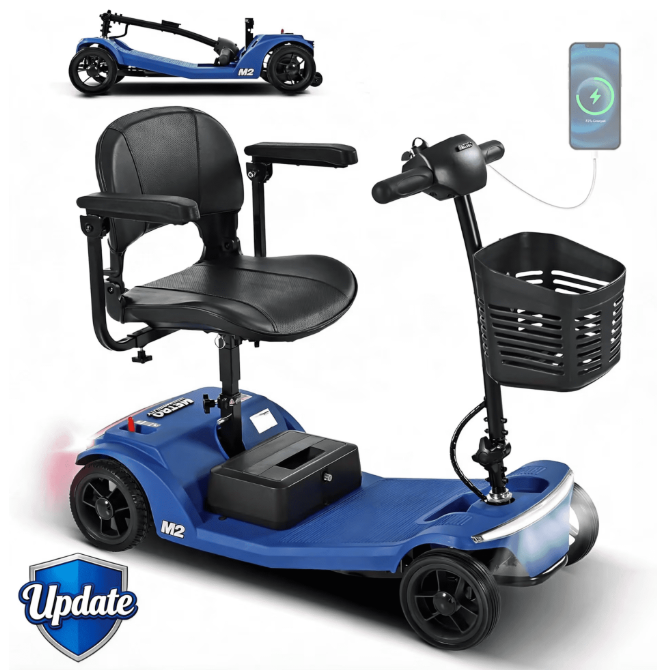4-Wheel Foldable Mobility Scooter for Seniors, Portable Electric Power Scooter with Stable Anti-Tip Wheels, Rear Brake Light, USB charging port,Supports 330 lbs,Travel Scooter,Blue