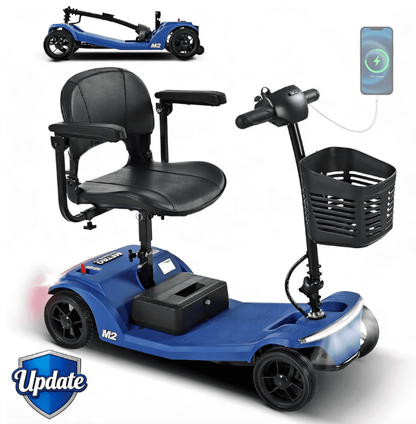 4-Wheel Foldable Mobility Scooter for Seniors, Portable Electric Power Scooter with Stable Anti-Tip Wheels, Rear Brake Light, USB charging port,Supports 330 lbs,Travel Scooter,Blue