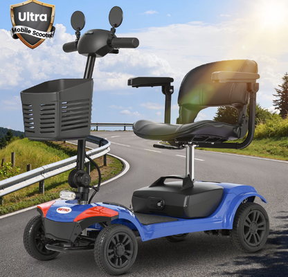 Segmart 4-Wheel Mobility Scooter for Seniors and Adults, Detachable Electric Scooter with Shock Absorption, 9-Inch Rear Wheels, 360° Swivel Seat, Electromagnetic Brake and LED Lights, Blue