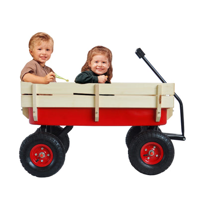 Segmart Wagon Cart for Kids, All Terrain Wagon with 200LBS Capacity, Outdoor Pull-Along Wagons with Removable Wooden Side Panels, Heavy Duty Utility Wagon with Rubber Wheels, Red