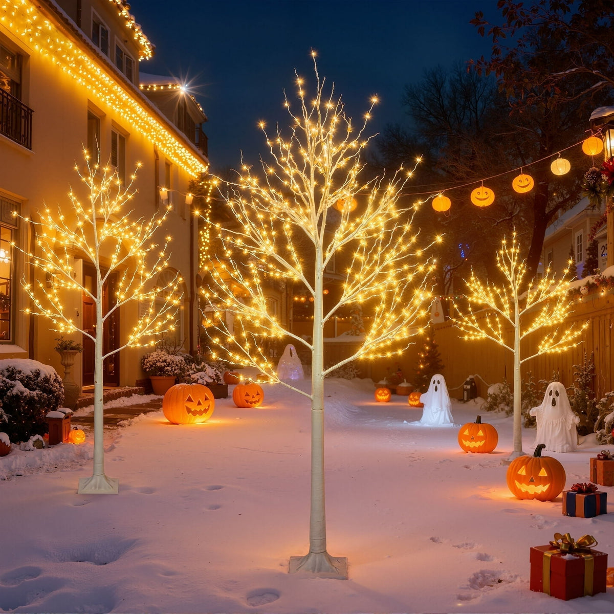 3-Pieces Lighted Birch Trees Sets, Segmart 6FT+5FT+4FT Christmas Tree with 650 LED, Stand and Timer, Christmas Porch Decorations Lighted Trees for Indoor Outdoor