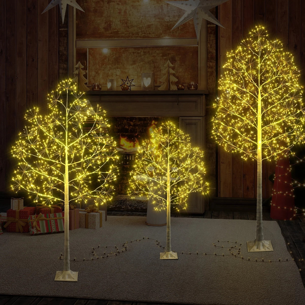 White Christmas Trees, SEGMART 6ft+5ft+4ft White Birch Christmas Tree with Warm Yellow LED Lights & PVC Stand, for Christmas Holiday Party Decorations Tree Plugin, Warm Yellow, S9980