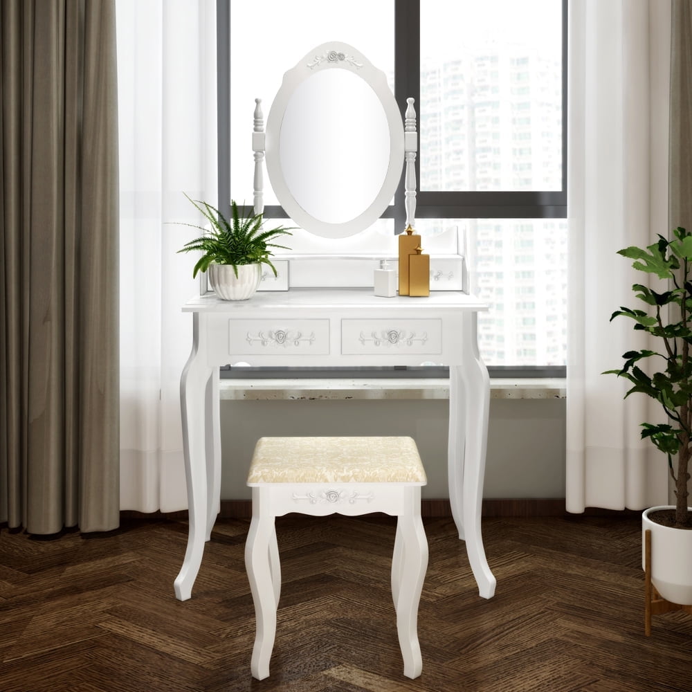 White Vanity Table for Teen Girls, 29.5''x 15.7'' x 56" Makeup Vanity Set with Cushioned Stool, 4-Drawer, 360-Degree Rotation Removable Top with Single Mirror for Teen Girls Bedroom, S9184