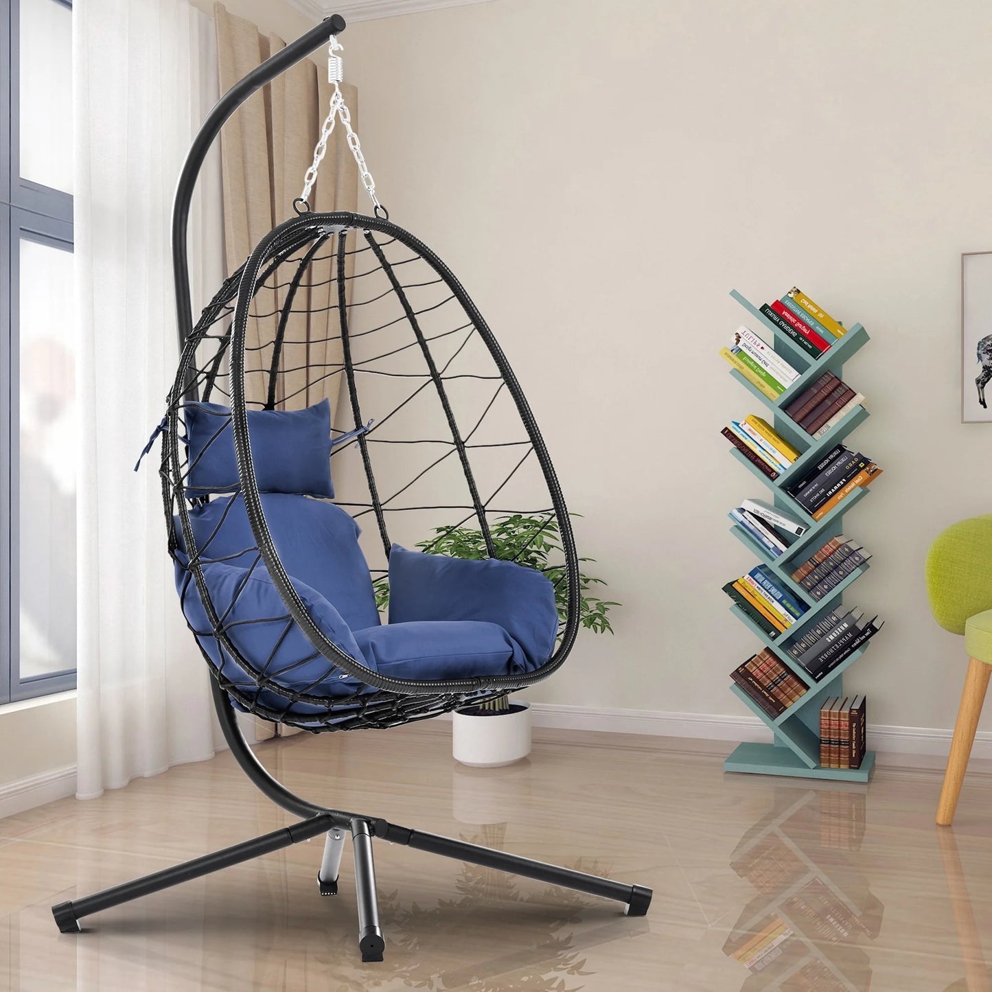 Egg Chair with Stand Indoor Outdoor – Hanging Wicker Swing Chair, Patio Hanging Basket Chair with Cushion, All-Weather Rattan Hammock Chair for Bedroom Living Room Balcony