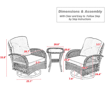 Segmart 3 Pieces Outdoor Patio Conversation Chairs FurnitureSet, PE Wicker Rattan Front Porch Bistro Conversation Furniture Set with Cushions Outside & Coffee Table, 275 LBS, Grey