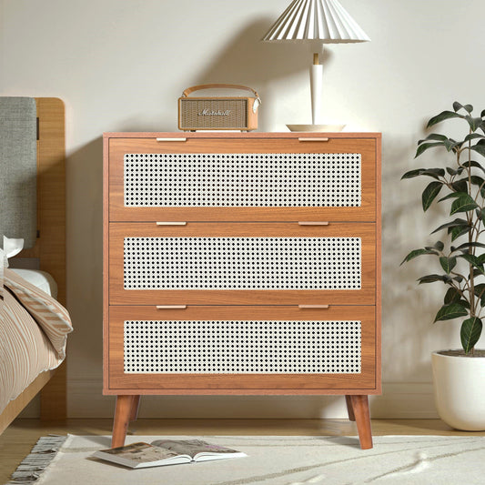 3 Drawer Rattan Dresser for Bedroom, SEGMART 3 Drawer Wood Farmhouse Rattan Dresser, Modern Dresser Chest with Handles, Wood Chest of Drawers for Bedroom, Hallway, Living Room, Walnut