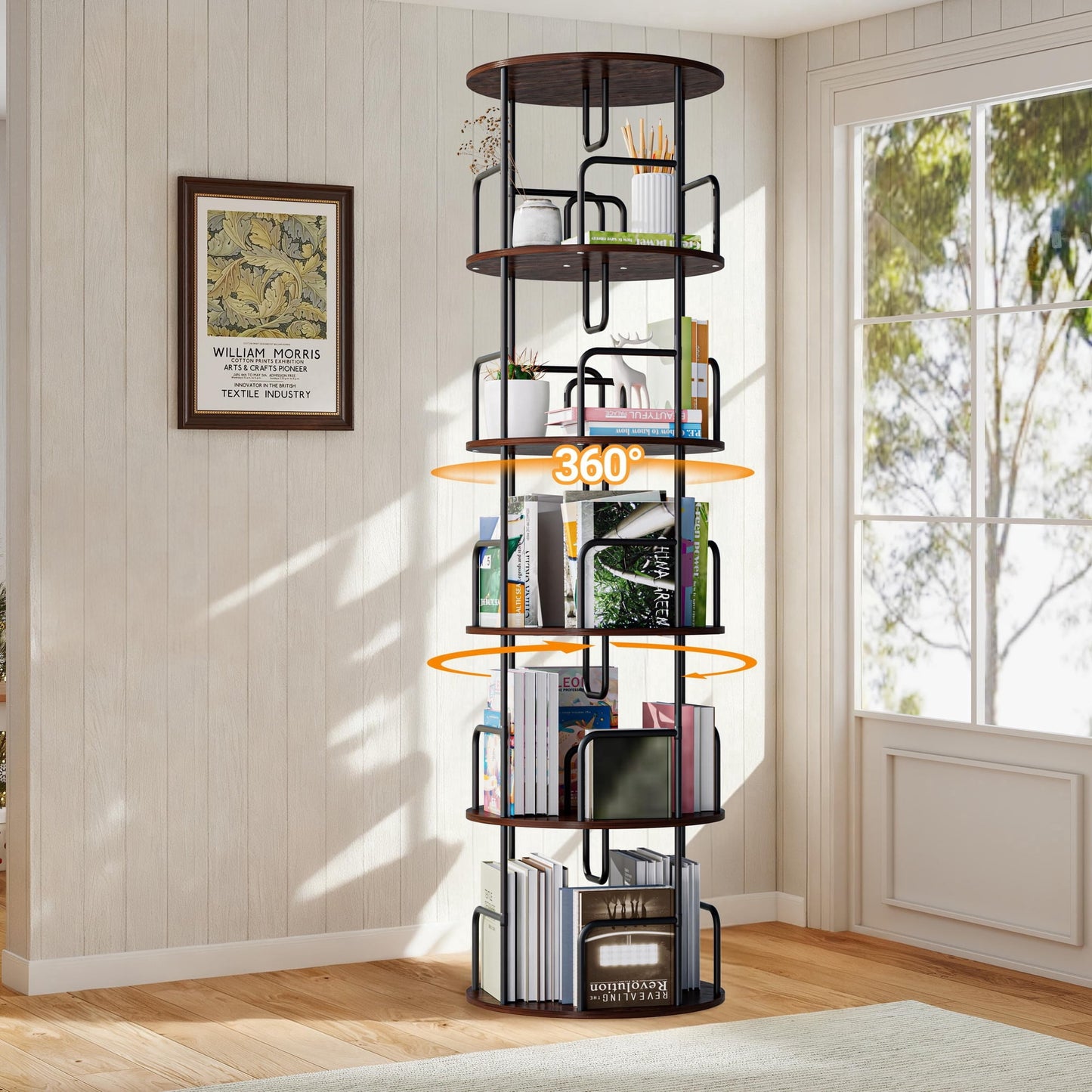 5-Tier Rotating Bookshelf Tower, 360° Spinning Bookcase with Narrow Tall Design, Vertical Revolving Storage Shelf, MDF+Iron Frame, Space-Saving Organizer for Bedroom, Living Room, Home Office