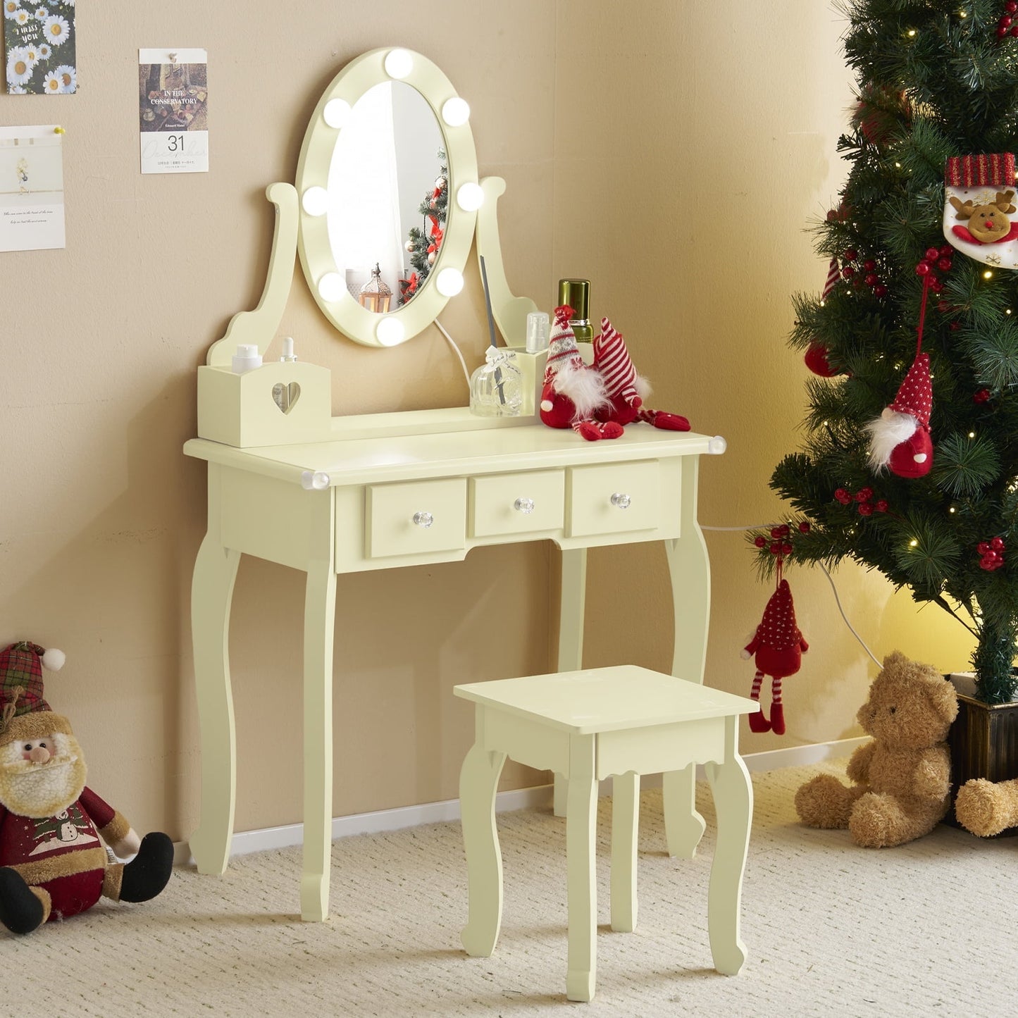 Princess Vanity Table with LED Lights & Stool, 5-Drawer Makeup Dresser Table, Pretend Play Dressing Desk for Girls