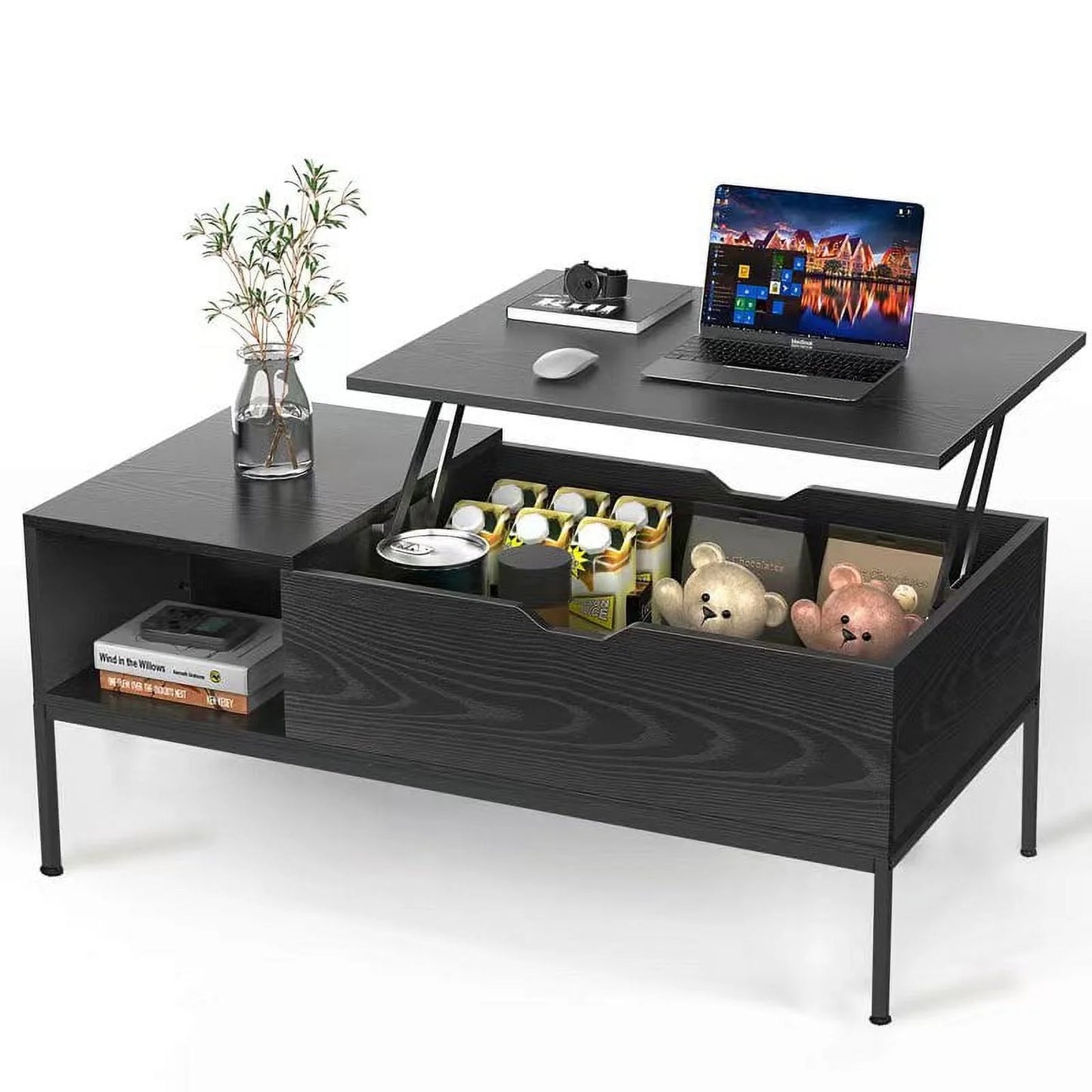 SEGMART Wood Lift Top Coffee Table with Hidden Compartment and Adjustable Storage Shelf, Lift Tabletop Dining Table for Home Living Room, Office, Black