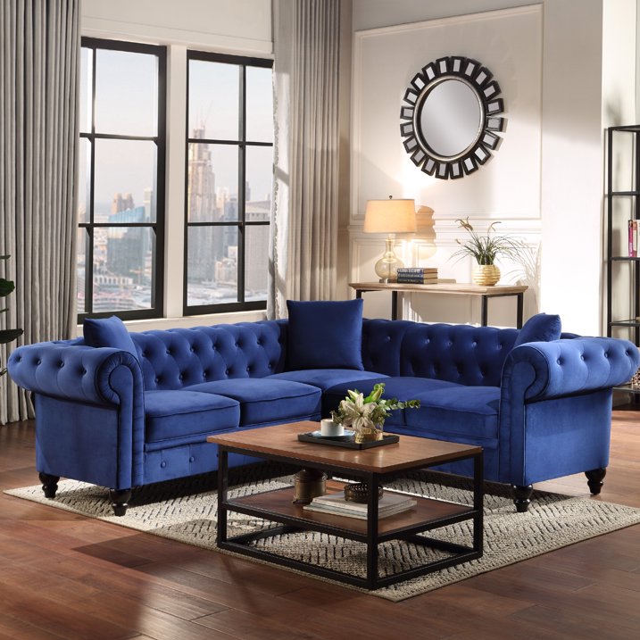 Modern Upholstered Sofa with 2 Sectional Loveseat Couches, 80'' Modern Velvet Chesterfield Loveseat Sofas with 3 Pillows, Upholstered L-Shaped Button-Tufted Scrolled Back Furniture Set, S9892