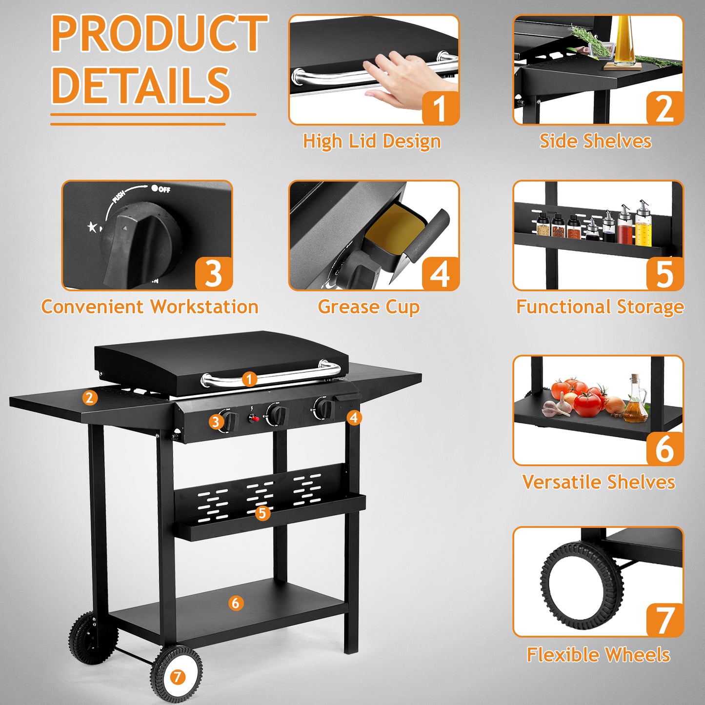 3-Burner Gas Griddle, 30,000 BTU Propane Grill Griddle with Coated Cast Pan, Side Shelves & Spice Rack