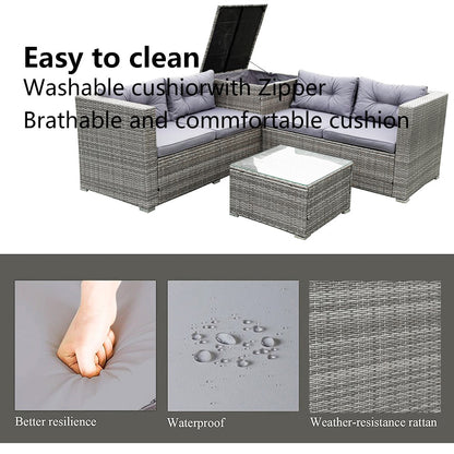 4 Piece Wicker Patio Sectional Sofa Set with Storage Ottoman, All-Weather Outdoor Conversation Set Dining Set with Gray Cushions and Table for Backyard, Porch, Garden, Poolside, L4538