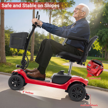 Segmart 4-Wheel Mobility Scooter for Seniors and Adults, Detachable Electric Scooter with Shock Absorption, 9-Inch Rear Wheels, 360° Swivel Seat, Electromagnetic Brake and LED Lights, Red