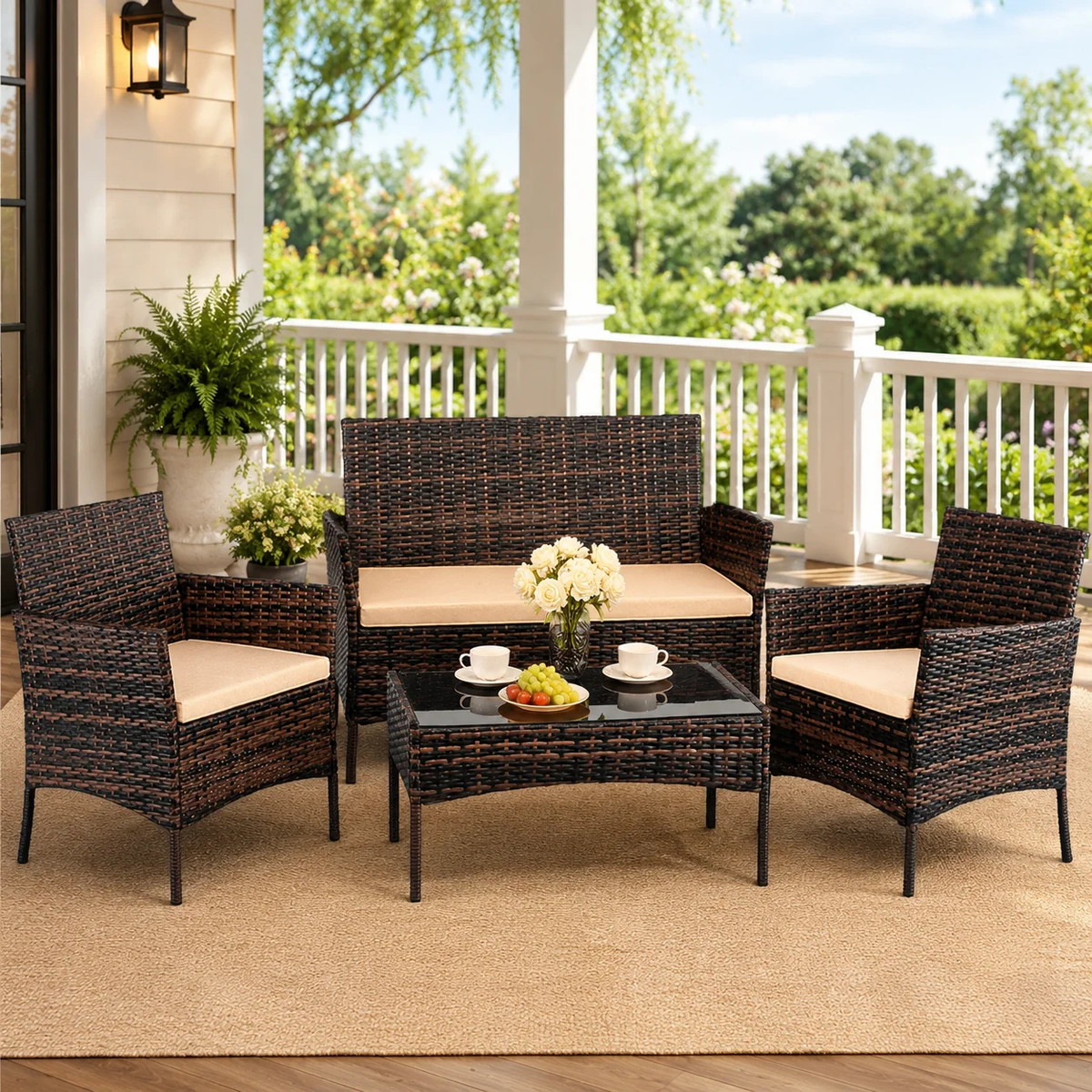 Outdoo Furniture Set, 4 Pieces Wicker Porch Conversation Set w/Cushions, All-weather Hollow Rattan Patio Sectional Sofa Set with Table