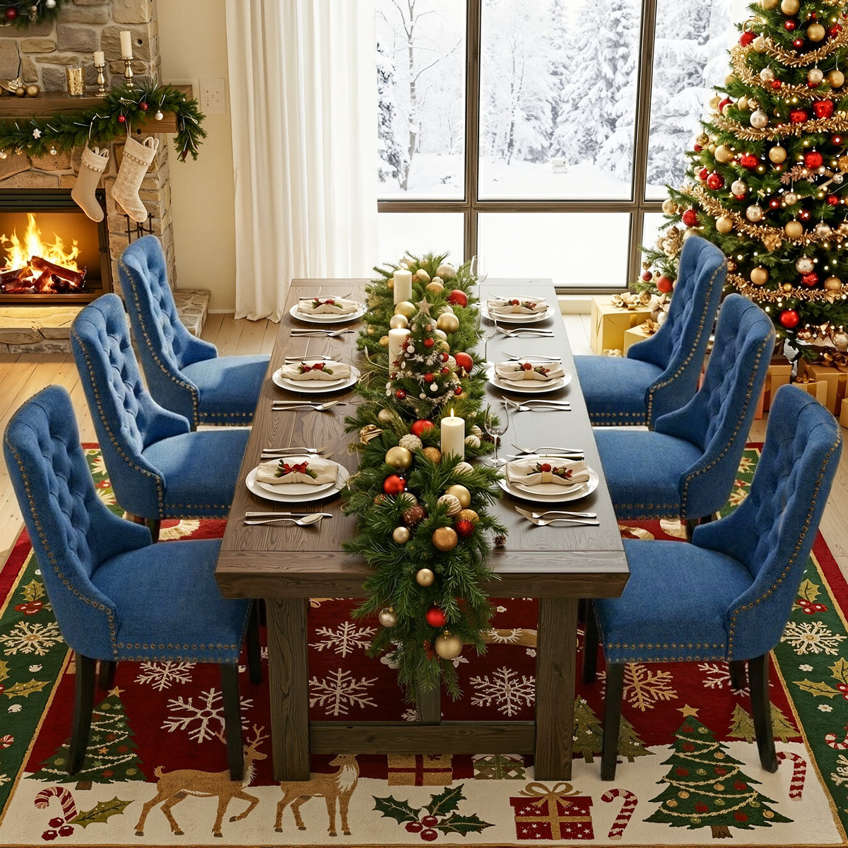 Upholstered Dining Chairs Set of 2, Segmart Modern Fabric Dining Room Chair with Nailhead Trim and Wood Legs, Mid-Century Accent for Living Room, Kitchen, Blue