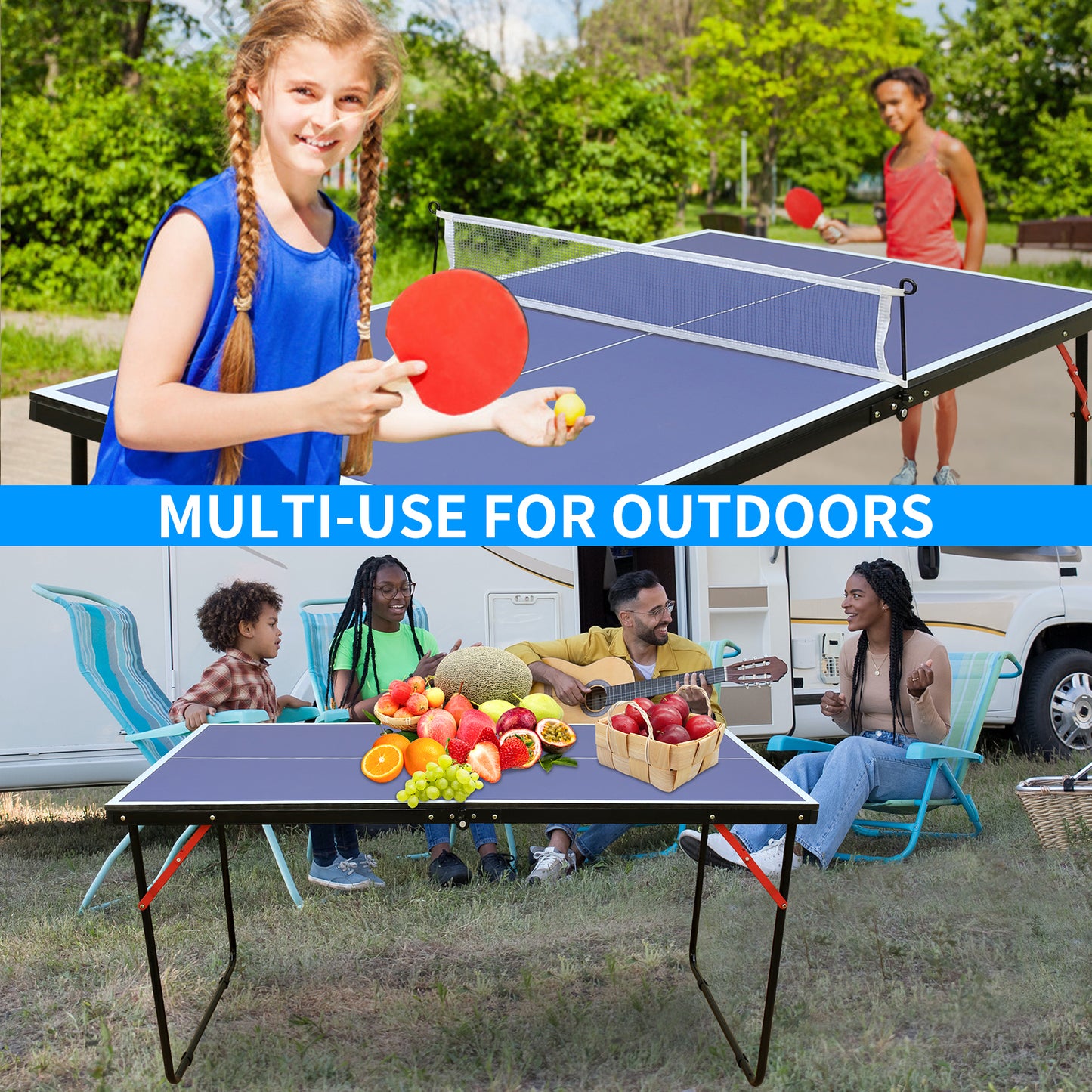 Mid-Size Portable Table Tennis Table, Outdoor Ping Pong Table Foldable Game Set, Folding Game Table with Net, 2 Table Tennis Paddles and 3 Balls, 54"