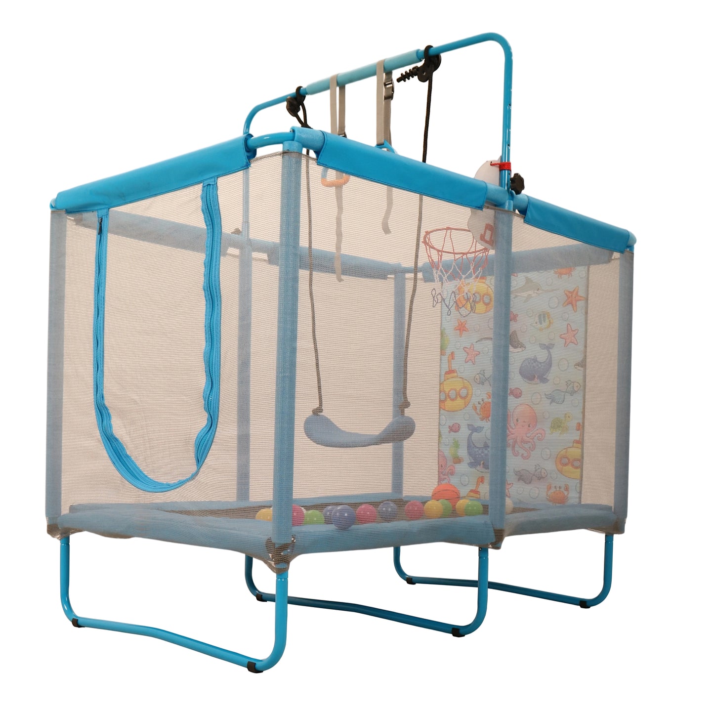 Toddler Trampoline with Basketball Hoop, 60" Indoor Trampoline for Kids, Kids Trampoline with Enclosure Net, Rectangle Trampoline with Handle, Small Trampoline for Indoor Outdoor, Mini Trampoline