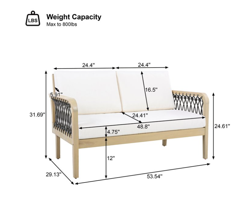 4-Piece Acacia Wood Patio Furniture Set, Outdoor Patio Conversation Set with Coffee Table, Loveseat and 2 Club Chairs, Deep Seating Outdoor Furniture with 4-Inch Cushions for Backyard Porch Balcony