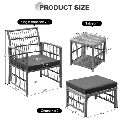 Outdoor Conversation Set of 5, Outdoor Patio Chair and Footstool Set with Cushions & 2-Tier Tea Table, All Weather Wicker Patio Furniture Set, Ideal for Patio Poolside Yard Deck Coffee Bar