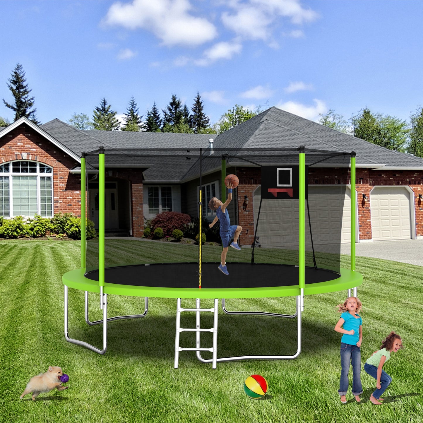 14FT Trampoline with Enclosure for Kids and Adults, SEGMART Round Recreational Trampoline with Basketball hoop, Heavy Duty Outdoor Backyard Trampoline with Ladder and AntiRust Coating for Kids, Blue