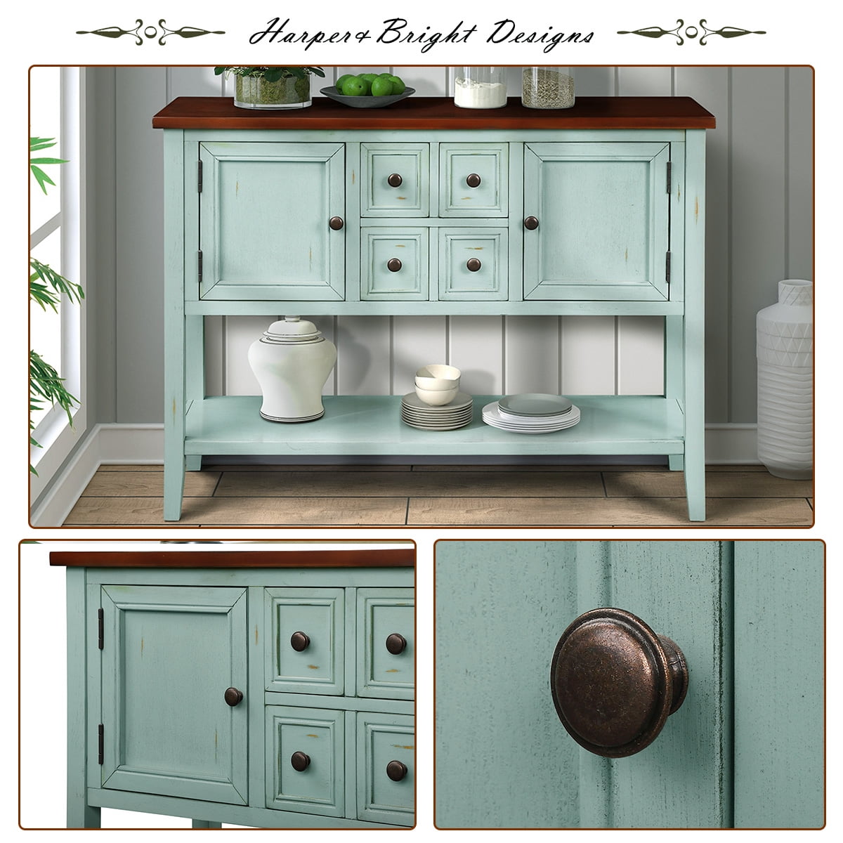 Console Table with 4 Storage Drawers,Storage Vintage Wood Buffet Sideboard Desk with 2 Cabinets and Bottom Shelf, Retro Entryway Table Cupboard for Living Room, Foyer, Hallway