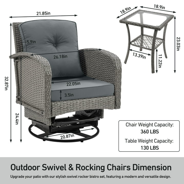 Patio Swivel Rocking Chairs Set, Segmart 3-Piece Outdoor 360° Rocking Patio Conversation Set with Thickened Cushions and Glass Coffee Table for Backyard, Max Weight 360 LBS, Gray