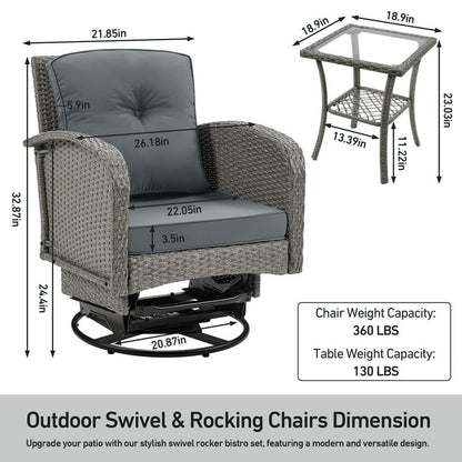 Patio Swivel Rocking Chairs Set, Segmart 3-Piece Outdoor 360° Rocking Patio Conversation Set with Thickened Cushions and Glass Coffee Table for Backyard, Max Weight 360 LBS, Gray