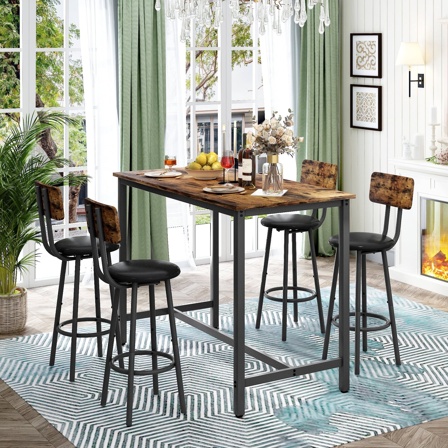 Seizeen 5-piece set of restaurant tableware, modern dining table and chair set, suitable for indoor,Rustic Brown.