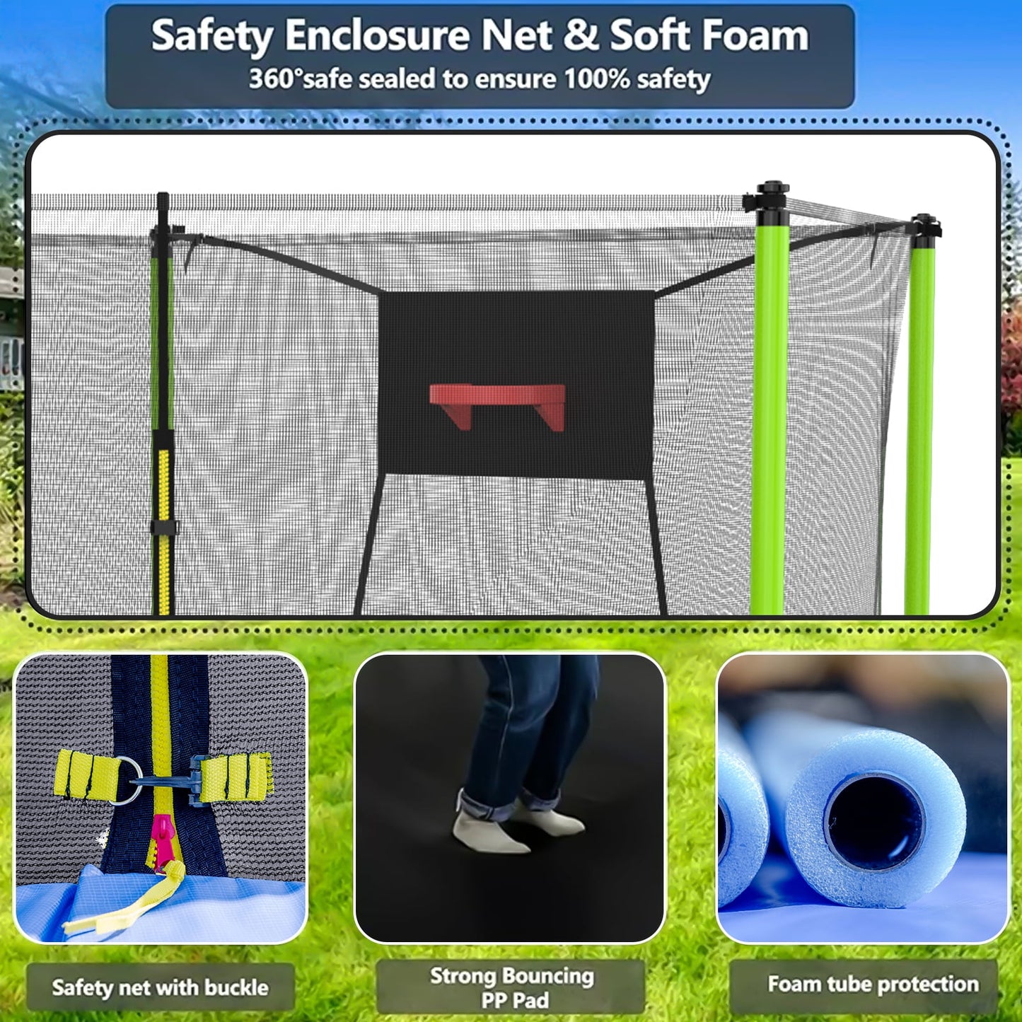 Trampoline with Enclosure, SEGMART Upgraded 14FT Kids Outdoor Trampoline with Basketball Hoop and Ladder, Heavy Duty Round Trampoline for Indoor Outdoor Backyard