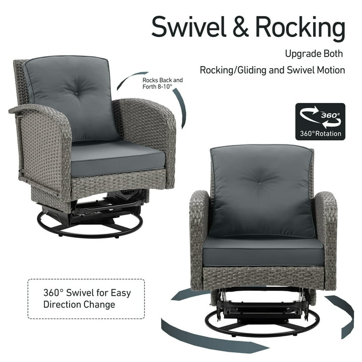 Patio Swivel Rocking Chairs Set, Segmart 3-Piece Outdoor 360° Rocking Patio Conversation Set with Thickened Cushions and Glass Coffee Table for Backyard, Max Weight 360 LBS, Gray
