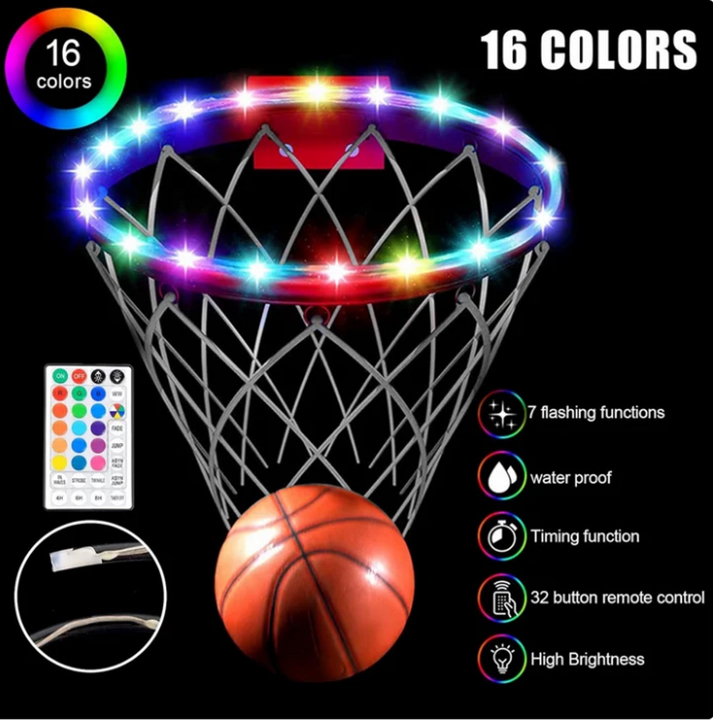 SEGMART 17.75ft LED Basketball Hoop Lights, Remote Control Basketball Rim LED Light, 16 Color Change by Yourself, Waterproof, Super Bright to Play at Night Outdoors, Good Gift for Kids