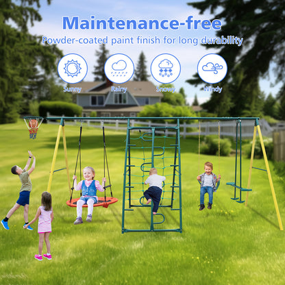 Swing Sets for Backyard, 6 in 1 Swing Set for Outside, Segmart Heavy Duty A-Frame Metal Swing Set with Climbing Ladder and Nets, Saucer Swing, Belt Swing, Basketball Hoop, Wavy Slide