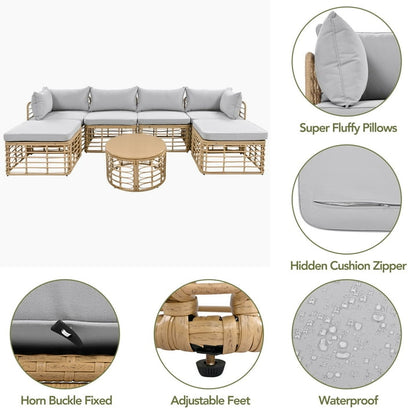 7 Pieces Patio Furniture Set, Wicker Sectional Table and Chairs Sets, Patio Conversation Set with Sectional Chaise Longue, Coffee Table, Suitable for Porch Backyard Garden, Gray