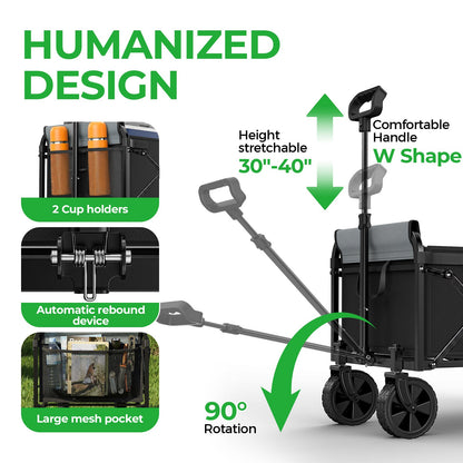 Collapsible Wagon Cart with Wheels, Expandable Dual-Layer Utility Wagon with 100% Extra Space, Heavy Duty Folding Garden Cart with 220 lbs Capacity, Lightweight Steel Frame, All-Terrain Swivel Wheels