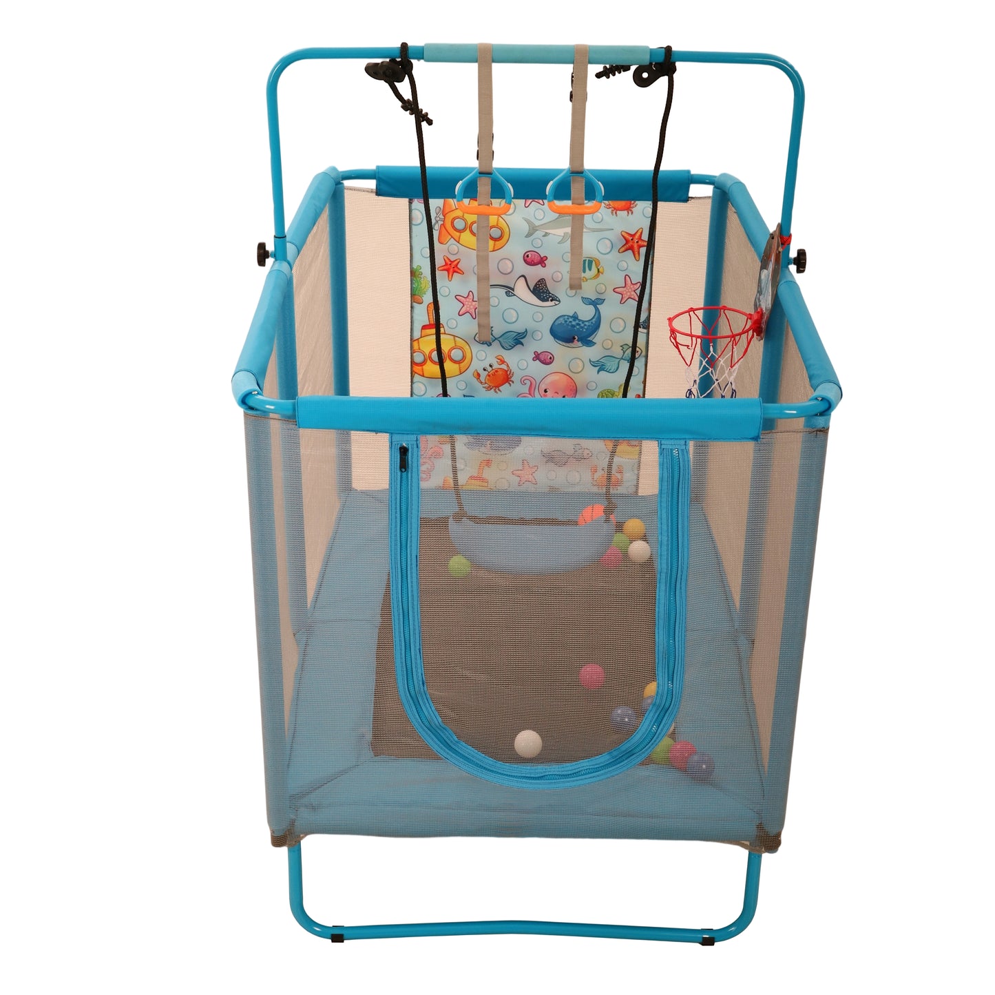 Toddler Trampoline with Basketball Hoop, 60" Indoor Trampoline for Kids, Kids Trampoline with Enclosure Net, Rectangle Trampoline with Handle, Small Trampoline for Indoor Outdoor, Mini Trampoline