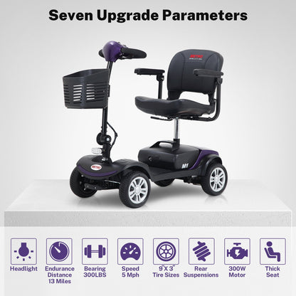 Segmart 4 Wheel Mobility Scooter for Seniors,electric wheelchairs for adults lightweight foldable, 15 Miles Range, 300lbs Capacity, W/LED Head Lights & Basket, Purple