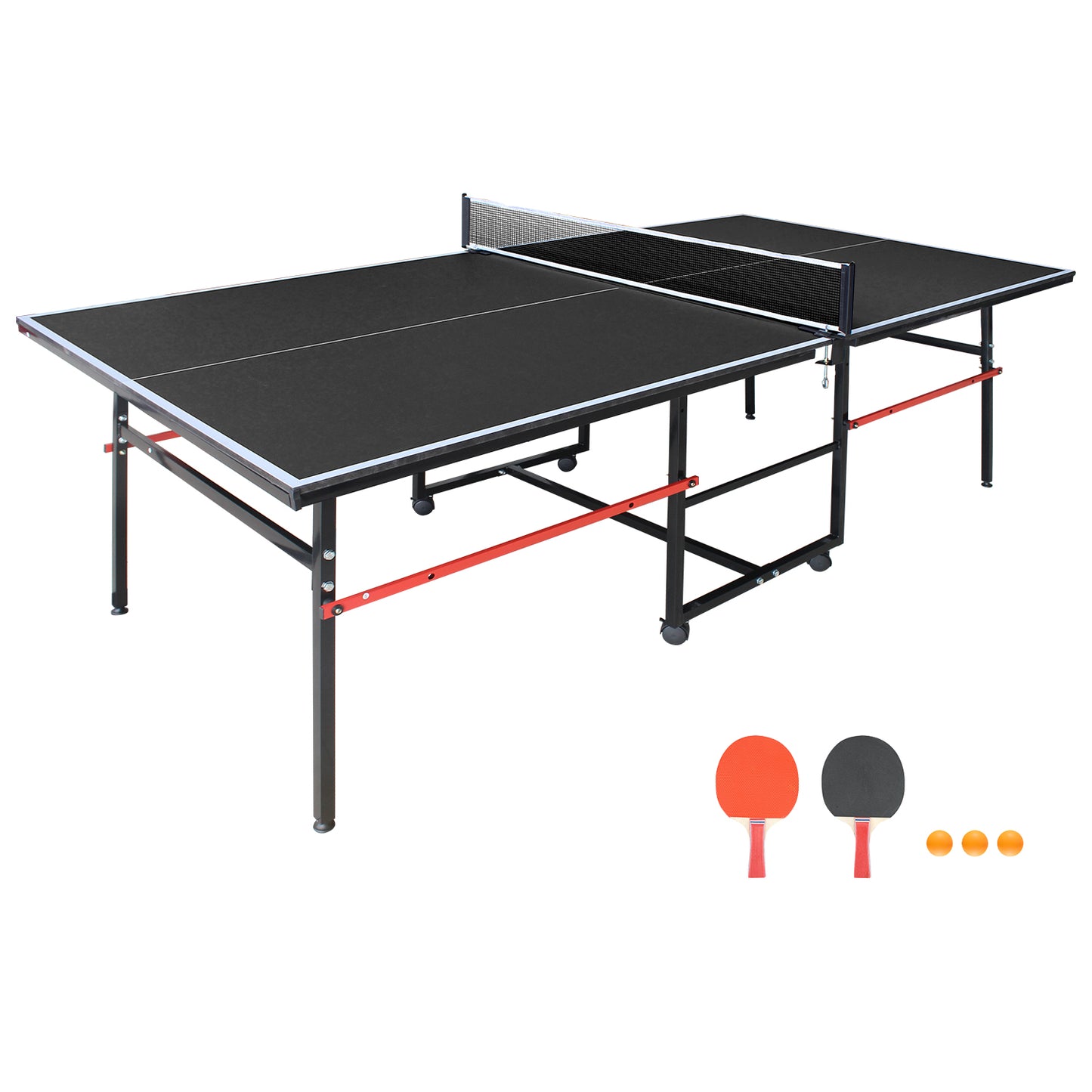 Mid-Size Table Tennis Table, SEGMART 8FT Foldable Outdoor Ping Pong Table with Net, 2 Table Tennis Paddles and 3 Balls, Portable Table Tennis Game Set for Indoor Outdoor, Black