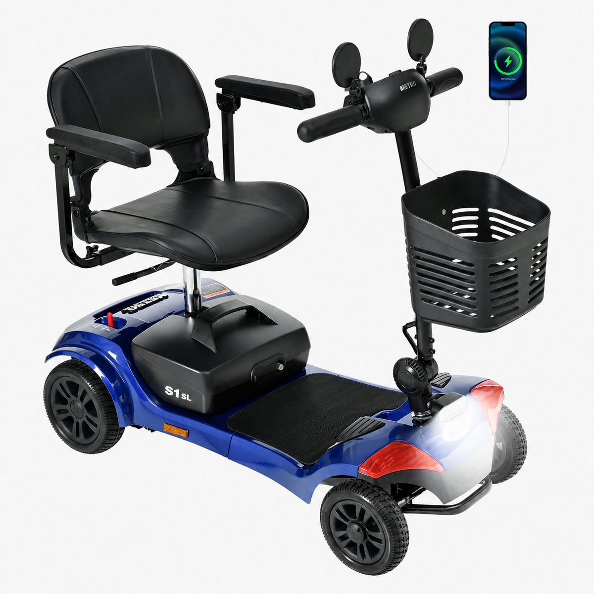 Mobility Scooter for Seniors, Segmart 4-Wheel Electric Scooter with Shock Absorption & Large Comfort Seat, 300W Foldable Senior Scooter with USB, LED Light, 300 lb Capacity, Blue