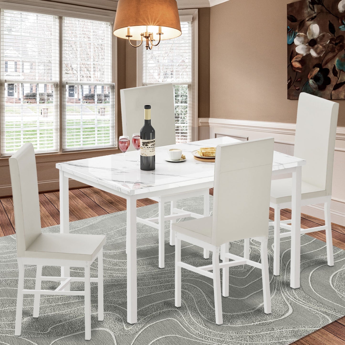 Kitchen Table and 4 Chairs Set, Metal Kitchen Table Sets Faux Marble Rectangular Breakfast Table w/Metal Legs & White Finish Frame, Dining Table Sets for an Apartment Breakfast, S12528